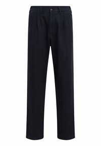Dark navy trousers with a straight cut, featuring a single button closure, pleated front, and smooth fabric texture. Tailored for a relaxed fit.