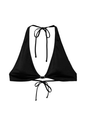 Haut de bikini triangle noir avec un design en V profond, des liens réglables au cou et au dos, et un petit détail en métal argenté à l'avant.