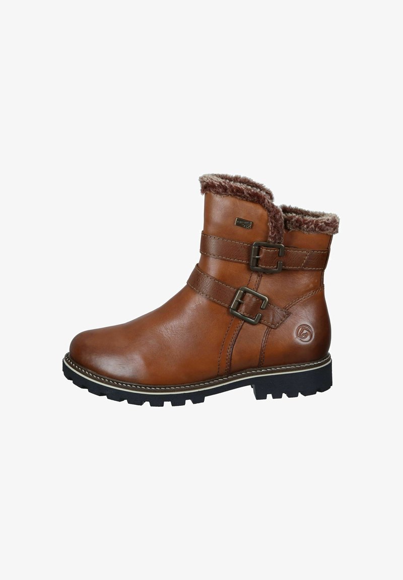Braune Leder Stiefeletten mit zwei seitlichen Schnallen, Futter aus Kunstfell am Schaft und einer robusten schwarzen Gummisohle.