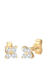 Goldene Ohrstecker in Form einer vierblättrigen Blume, mit vier klaren runden Steinen in einem Cluster und glatten, polierten Oberflächen.