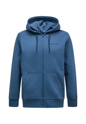 Blå zip-up hoodie lavet af blødt stof. Har en hætte med snor, to frontlommer og ribbede manchetter og kant. Diskret logo på brystet.