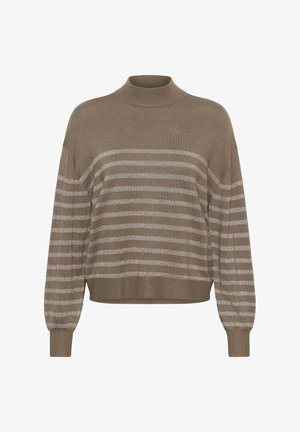 Brun striktrøje med høj krave, der har vandrette sølvstriber, drop shoulders og let puffede lange ærmer.