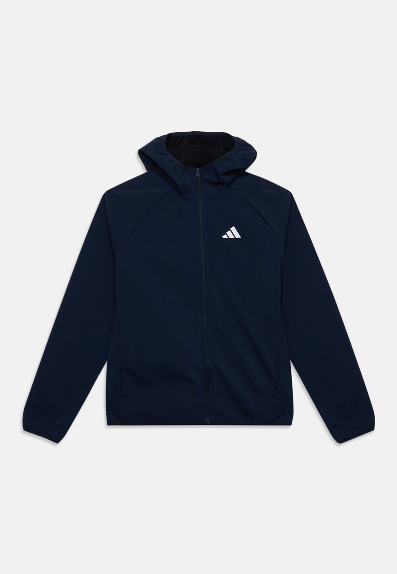 Veste à capuche zippée bleu marine avec manches longues et logo blanc Adidas sur la poitrine gauche, présentée à plat sur un fond clair.