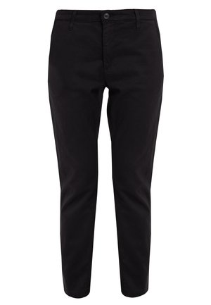 Mustat slim-fit-housut, joissa on nappisuljenta, vyölenkit ja etutaskut, valkoista taustaa vasten.