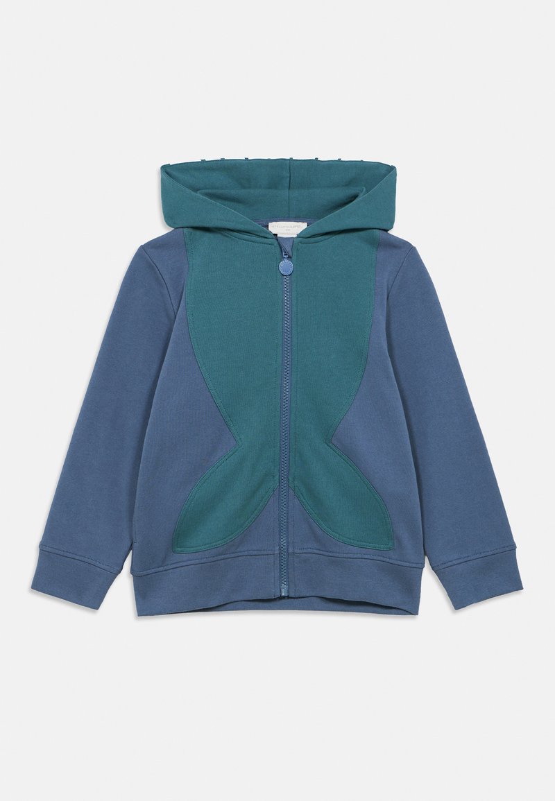 Felpa con cappuccio e zip in blu e verde acqua, con un grande motivo a coda di pesce verde acqua sulla parte anteriore, realizzata in morbido tessuto misto cotone.