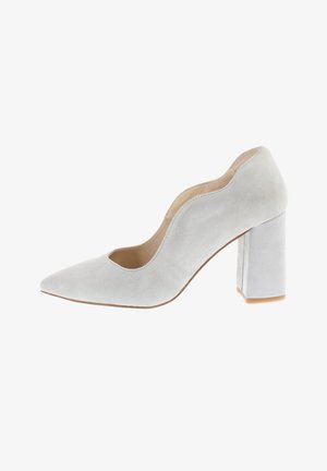 Light gray suede women's high heel shoe with scalloped edge, pointed toe, and chunky block heel.