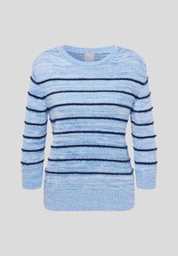 Blau gestreifter Pullover mit Rundhalsausschnitt. Verfügt über horizontale marineblaue Streifen auf einem hellblauen strukturierten Stoff. Lange Ärmel und einen enganliegenden Saum.