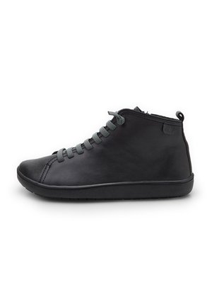 Black, high-top leather sneakers with a smooth texture, featuring grey laces and a rubber sole. Side logo detail is visible.