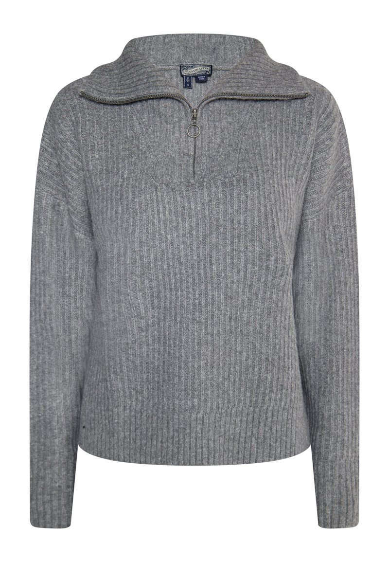 Grauer, gerippter Pullover mit hohem Kragen und halbem Reißverschluss. Verfügt über lange Ärmel und ein strukturiertes Strickdesign.