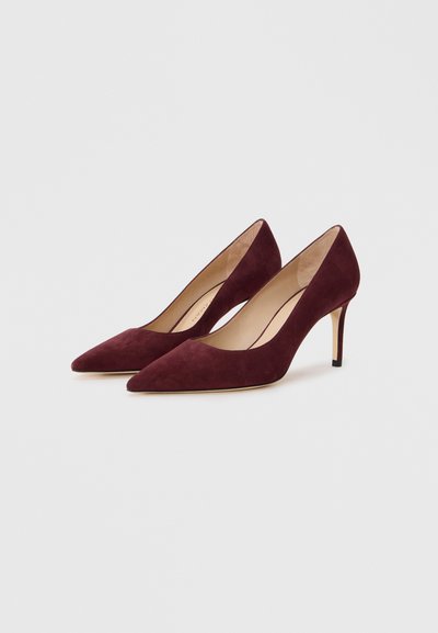 Pumps alti in suede bordeaux con punta affusolata e tacco a stiletto sottile, caratterizzati da una superficie liscia e da un design minimalista.