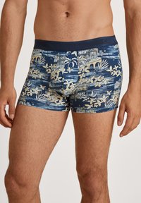 Blue shorts featuring a floral and landscape pattern in light beige. Made from soft fabric with an elastic waistband for comfort.