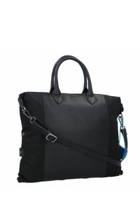 Sac fourre-tout noir en cuir texturé et en nylon. Doté de doubles poignées supérieures, d'une bandoulière amovible et d'un accent bleu sur les accessoires.
