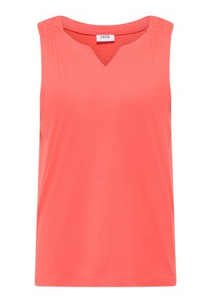 Top corail sans manches pour femme avec col en V et détails froncés aux épaules, fabriqué dans un tissu doux et léger.
