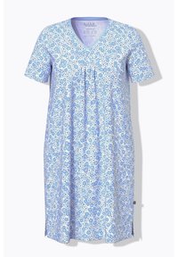 Vestito da notte a maniche corte con scollatura a V, motivo floreale blu su sfondo azzurro, con dettagli arricciati e spacchi laterali.