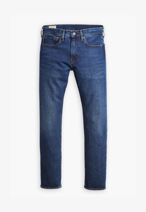 Blaue Jeans aus Denim mit geradem Bein, fünf Taschen, einem Knopf- und Reißverschluss und kontrastierenden goldenen Nähten.