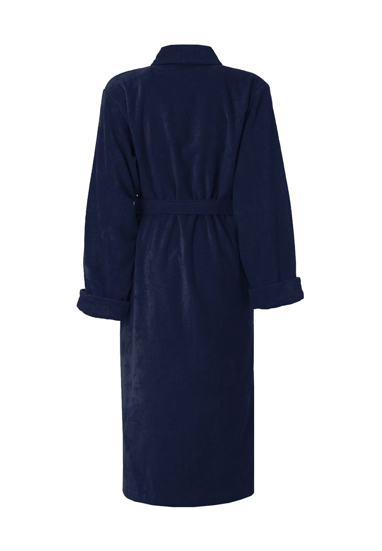 Peignoir bleu marine en tissu doux et texturé, avec un col, des manches longues et une ceinture à nouer à la taille. Longueur mi-mollet.