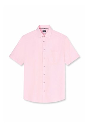 Hellrosa kurzärmeliges Hemd mit Knöpfen, klassischem Kragen und Brusttasche, flach auf weißem Hintergrund dargestellt.