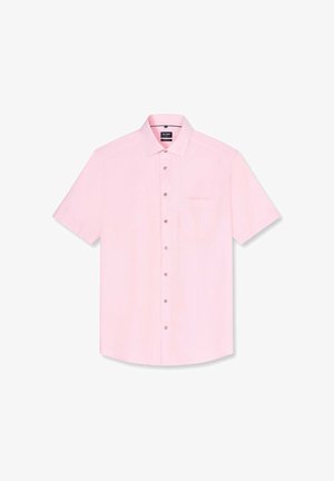 Hellrosa kurzärmeliges Hemd mit Knöpfen, klassischem Kragen und Brusttasche, flach auf weißem Hintergrund dargestellt.