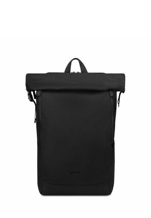 Black roll-top backpack, made of durable fabric. Features a smooth texture, adjustable straps, and a minimalist design with a logo at the bottom.