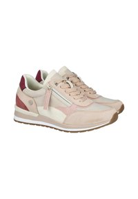 Zapatillas de deporte en rosa claro y beige con un upper de ante y textil, entresuela blanca y acentos burdeos; cuenta con cierre de cordones y detalles de cremallera.