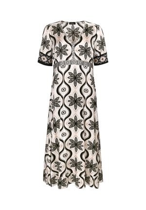 Knee-length dress with black and beige floral and wavy patterns, short sleeves, V-neckline, and decorative band below the bust.