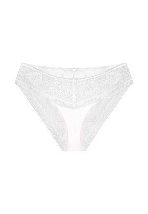 White lace panties with a floral pattern, featuring a semi-sheer front panel, scalloped edges, and a soft, textured waistband.