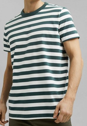 Gestreiftes T-Shirt mit grünen und weißen horizontalen Streifen, kurzen Ärmeln, Rundhalsausschnitt und einer weichen Baumwolltextur.