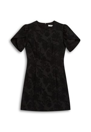 Black dress featuring short puff sleeves, a round neckline, and an all-over floral texture. Finished with a back zipper for closure.