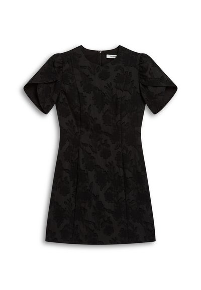 Black dress featuring short puff sleeves, a round neckline, and an all-over floral texture. Finished with a back zipper for closure.