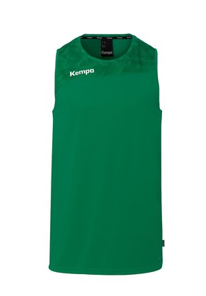 Maglia sportiva senza maniche verde con un delicato motivo geometrico nella parte superiore del petto e un logo "Kempa" bianco sul lato sinistro.