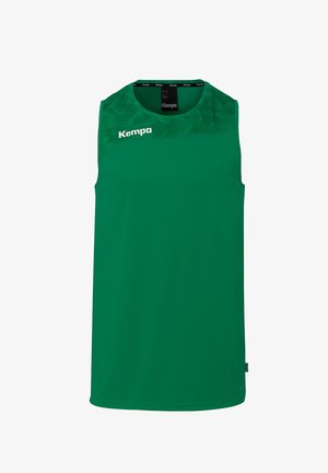 Maglia sportiva senza maniche verde con un delicato motivo geometrico nella parte superiore del petto e un logo "Kempa" bianco sul lato sinistro.