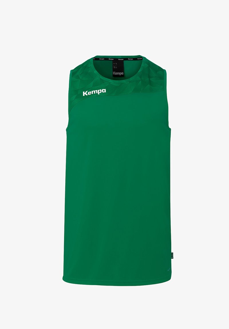 Green sleeveless sports jersey with a subtle geometric pattern on the upper chest and a white "Kempa" logo on the left side.