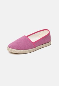 Pink textile espadrille with a rounded toe, contrasting pink trim, and jute-wrapped sole. Smooth texture, simple, and flat design.