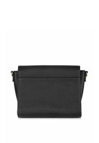 Czarna skórzana torba o teksturowanym wykończeniu, prostokątnym kształcie, z klapą i tylną kieszenią. Wyposażona w złote okucia.