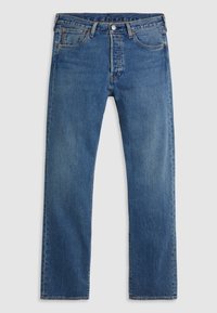 Blå denimjeans med rak bendesign, femficksstil, sydda detaljer i kontrasterande orange och tryckknappsstängning.