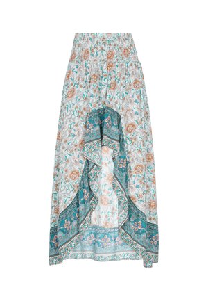 Floral Maxi-Rock mit elastischem Bund, der ein weißes und türkisfarbenes Muster mit pfirsichfarbenen Blumen und einem geschichteten Rüschendetail aufweist.