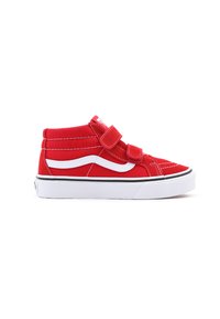 Zapatillas altas de lona roja con acentos blancos y correas de velcro, con un acabado texturizado y suelas de goma blanca.
