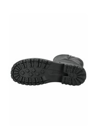 Semelle de botte en caoutchouc noir avec un motif de semelle robuste, présentant de profonds rainures et un design texturé pour une meilleure adhérence et stabilité.