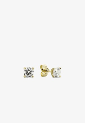 Paar Goldstecker-Ohrringe, jeweils mit einem einzelnen runden klaren Diamanten, gehalten von vier Krappen und Schmetterlingsverschluss auf weißem Hintergrund.