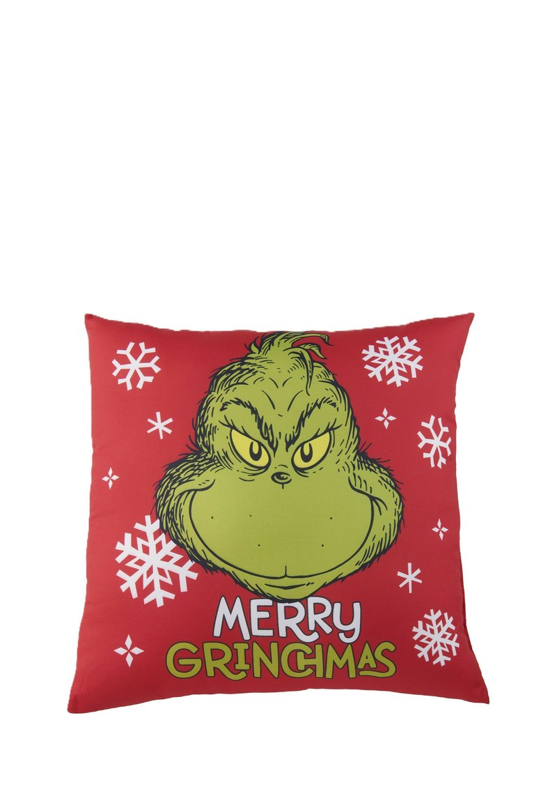 Cuscino rosso con un'immagine del Grinch verde e la scritta "MERRY GRINCIMAS". Presenta motivi di fiocchi di neve bianchi e una texture liscia e morbida.
