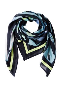 Foulard in seta con motivi geometrici blu, verdi e neri. Bordo rifinito con un accento verde lime. Leggero, con una texture liscia.