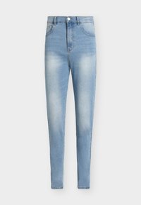 Ljusblå högmidjade jeans i denimtyg. Slim fit med blekta detaljer, fem fickor och stängning med metallknapp.