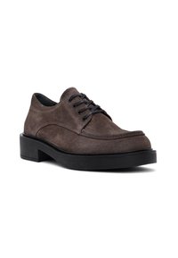 Brown suede lace-up shoes with a rounded toe, black rubber sole, and contrasting stitching detail on the upper.