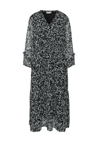 Zwart-witte maxi-jurk met een V-hals, lange doorzichtige mouwen, elastische taille en gelaagde rok. Lichtgewicht stof met een vloeiende uitstraling.