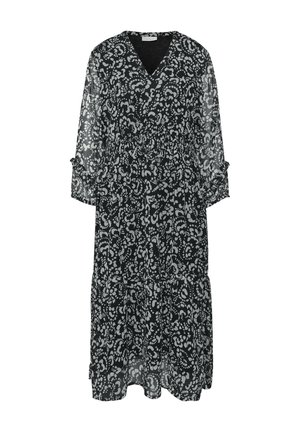 Zwart-witte maxi-jurk met een V-hals, lange doorzichtige mouwen, elastische taille en gelaagde rok. Lichtgewicht stof met een vloeiende uitstraling.