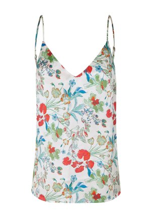 Haut caraco floral avec un décolleté en V, bretelles fines ajustables, fabriqué en tissu léger, présentant un motif floral coloré en rouge et vert.