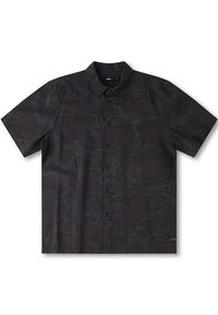 Black short-sleeve shirt with a fluid, abstract pattern in darker shades. Button-down collar and front button placket. Soft fabric texture.