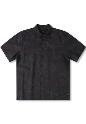 Black short-sleeve shirt with a fluid, abstract pattern in darker shades. Button-down collar and front button placket. Soft fabric texture.