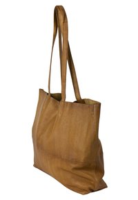 Bruine leren tote bag met twee lange hengsels, rechthoekige vorm, zachte textuur en minimale stiksels. Geen zichtbare hardware of patronen.