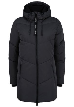 Black padded coat with hood, featuring a full zip closure, drawstrings, diagonal quilted design, zippered side pocket, and logo accents.